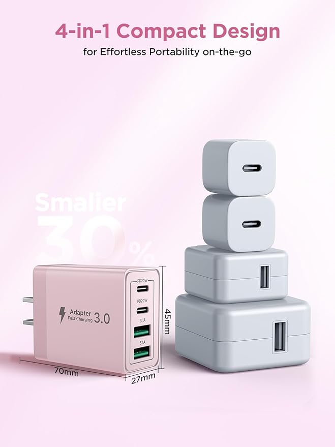 USB C Charger Block, 40W 4-Port Fast Charging Block USB C Wall Charger Dual Port PD + QC Wall Plug Multiport Type C Block for iPhone 17 16 15 14 13 12 11 Pro Max XS XR 8, iPad, Samsung Phone
