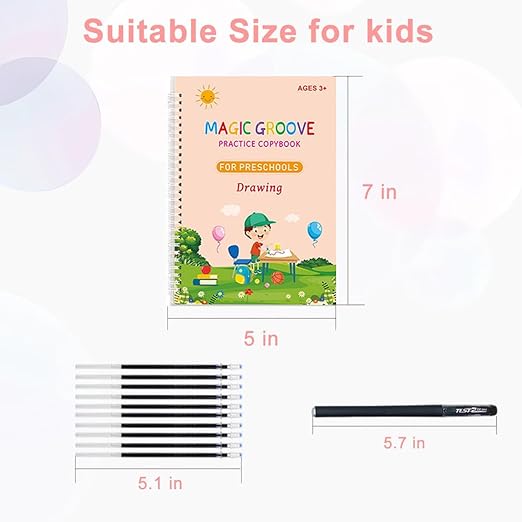 4 Pcs Reusable Grooved Handwriting Practice Books, Magic Practice Copybook with Disappearing Ink Pens Pencil Grips, Handwriting Workbook Letter Tracing Books for Kindergarten Preschool Kids Age 3-8
