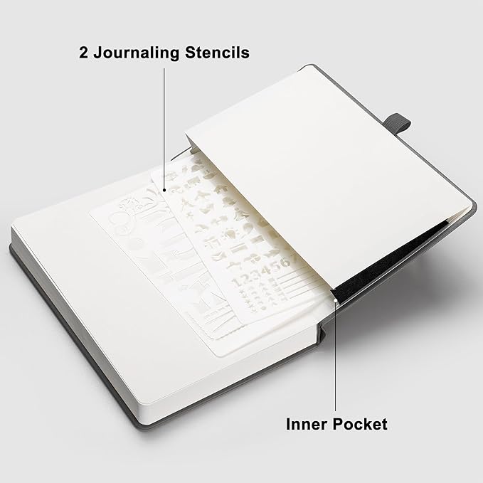 RETTACY Dotted Journal Notebook, 192 Pages, A5 Medium Size (5.7'' x 8.3''), Leather Hardcover, 100 GSM Thick Paper, for Journaling, Planning, Tracking (Gray)