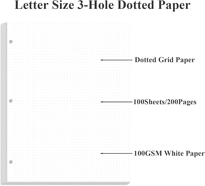 3-Hole Dotted Paper Refills, Letter Size 100Sheets / 200Pages Loose-Leaf Paper, 100gsm, White, 8.5'' x 11''