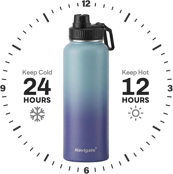 Navigate 40 oz Insulated Stainless Steel Sports Water Bottle with Spout & Handle Lids,Wide Mouth Water Jug with Double Walled Leak Proof Keep Cold for 24 Hrs Hot for 12 Hrs, Blue Gradient