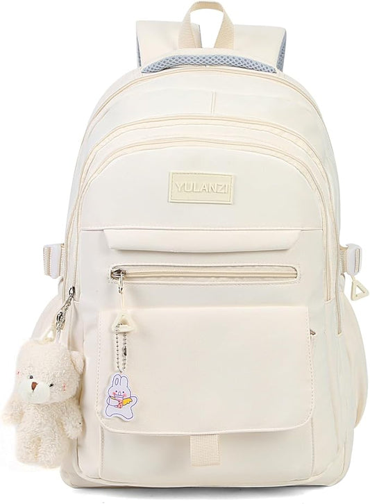 PRLINJSK Girls Backpack for College High Middle School Student, Cute Aesthetic Bookbag for Teens Women with Accessories,Beige