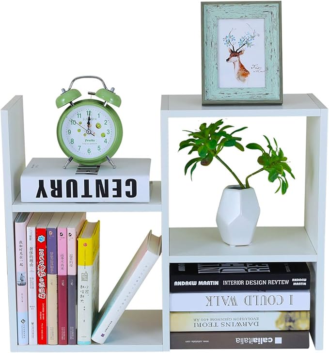 PAG Desktop Shelf Freestanding Wooden Small Bookshelf Desk Supplies Organizers and Accessories Storage Display Rack Office Dorm Decor for Women, White
