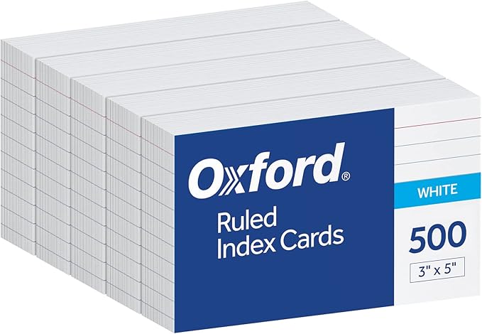 Oxford Index Cards, 500 Pack, 3x5 Index Cards, Ruled on Front, Blank on Back, White, 5 Packs of 100 Shrink Wrapped Cards (40176), Pack of 20