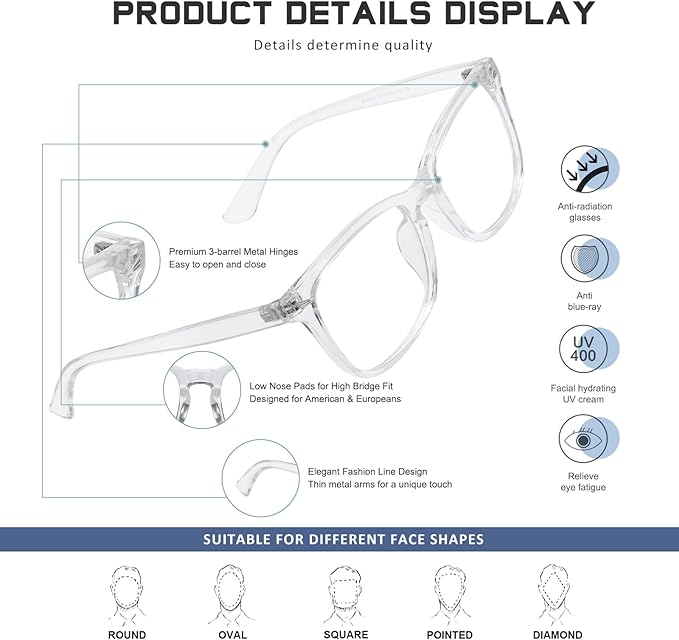 Reading Glasses for Women Men - Blue Light Blocking UV Filter Computer Readers,Anti Eyestrain Eyeglasses