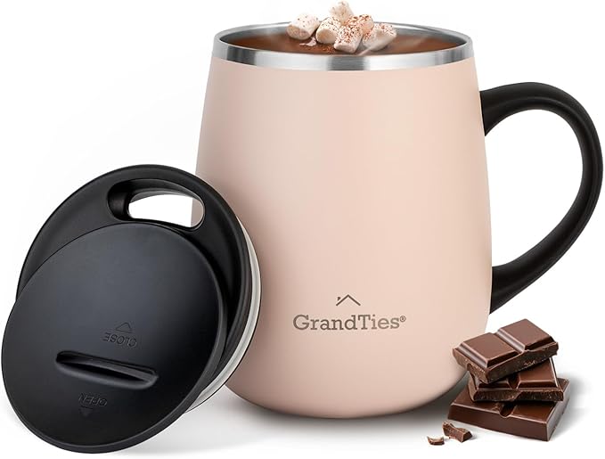 GRANDTIES Insulated Coffee Mug with Handle - Sliding Lid for Splash-Proof 16 oz Wine-Glass Shape Thermal Tumbler with Double Walled Vacuum Stainless Steel to Keeps Beverages Hot or Cold (Peach Crème)