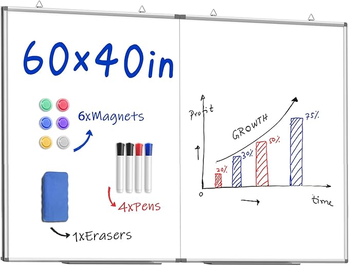60"X 40" Large Magnetic Dry Erase Whiteboard, Wall Hanging Board with 4 Pens & 1 Dry Erasers & 6 Magnets, Sliver Aluminum Frame White