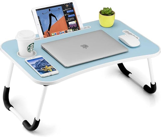 FISYOD Foldable Laptop Table, Portable Lap Desk Bed Table Tray, Laptop Stand with Cup Holder & Tablet Slot & Lifting Handle for Working Writing Drawing & Eating (Light Blue)