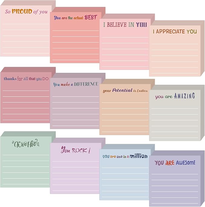 Yinder 12 Pcs Inspirational Sticky Notes Cute Motivational Sticky Notes Pad End of Year Employee Appreciation Gifts Bulk for Teacher Nurse Coworkers Office Supplies 3 x 3'' (Appreciation,Aesthetics)