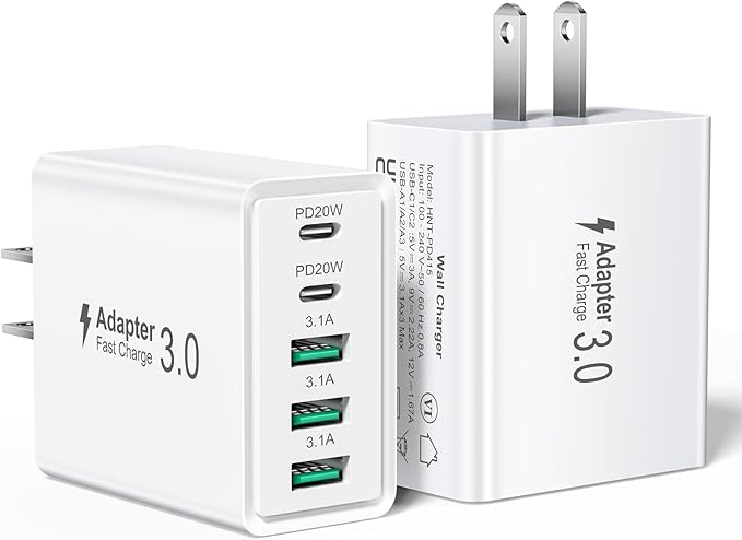 2Pack 5Port USB C Wall Charger Block, 50W Type C Fast Charging Blocks, Multiport USB Wall Charger Plug Adapter Outlet Cube Box Brick Phone for iPhone 16 iPad, Tablet
