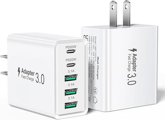 2Pack 5Port USB C Wall Charger Block, 50W Type C Fast Charging Blocks, Multiport USB Wall Charger Plug Adapter Outlet Cube Box Brick Phone for iPhone 16 iPad, Tablet