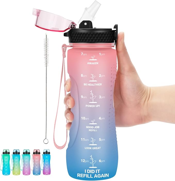24 OZ Motivational Kids Water Bottle With Time Marker,Straw Lid,Leak Proof, Tritan BPA Free Sports Water Bottle Pink-Blue(1 Lid)