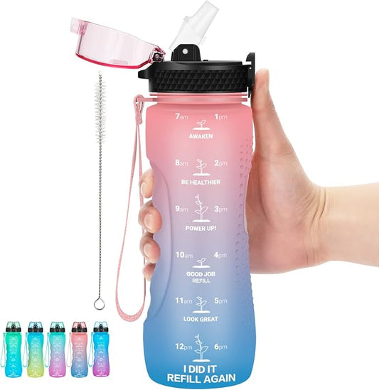 24 OZ Motivational Kids Water Bottle With Time Marker,Straw Lid,Leak Proof, Tritan BPA Free Sports Water Bottle Pink-Blue(1 Lid)