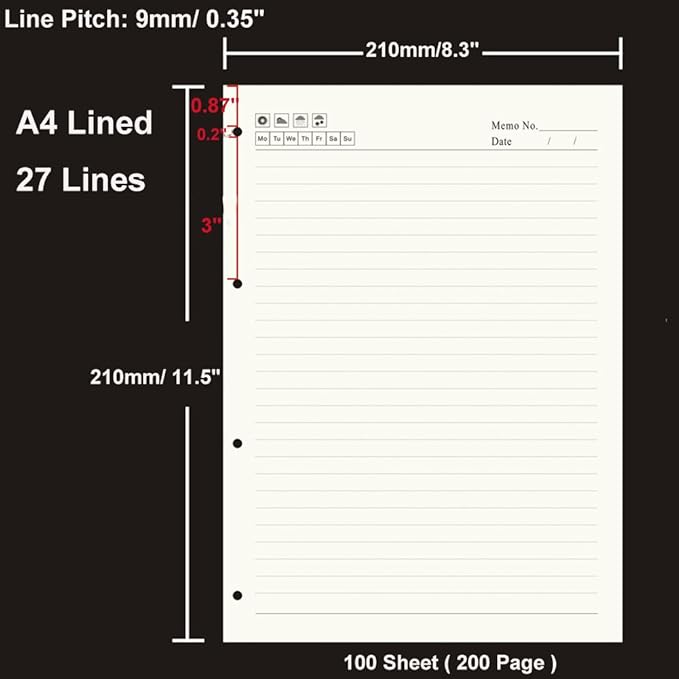 A4 Refill Paper 4 Hole Punched Filler Paper Refills for A4 Loose Leaf Notebook Travel Journal Personal Diary Planner Binder, 80 Sheet/160 Page, Lined Paper