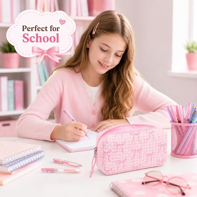 LEDAOU Cute Pencil Case for Kids Girls Boys Pencil Pouch kawaii Pen Pencil Box Bag Holder for School Students (Corduroy Pink Bow Checkered)