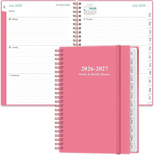 Planner 2026-2027 - A5 Weekly & Monthly Planner Spiral Bound, July 2026 - June 2027, with Flexible Cover, Tabs, Inner Pocket, 6.4" x 8.5", Pink