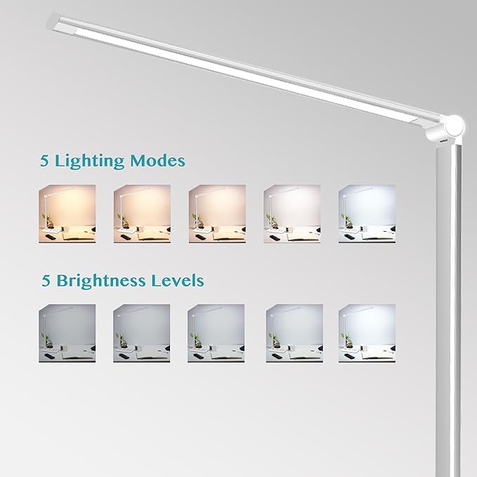 LED Desk Lamp with Wireless Charger, USB Charging Port, Dimmable Eye-Caring Desk Light with 5 Brightness Levels & 5 Lighting Modes, Touch Control, Auto Timer (White)