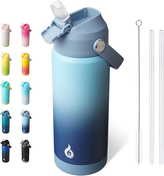 BJPKPK Insulated Water Bottle with Straw Lid, 18oz Thermo Water Bottles with Soft Nozzle, Flex Handle & Non-slip Boot, BPA Free Leak Proof Stainless Steel Metal Thermo, Tumblers, Cups,Sky