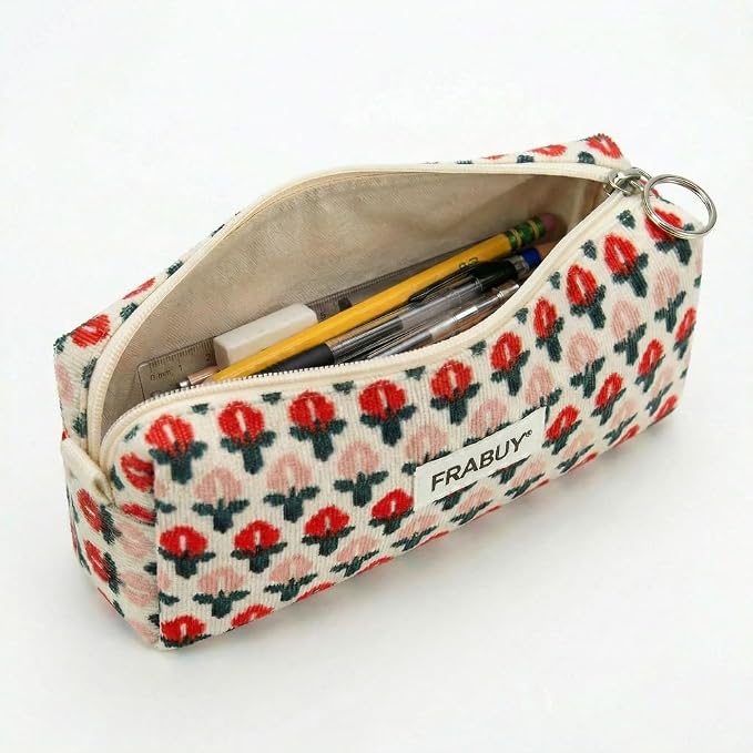 Soft Corduroy Pencil Case Pen Pouch Organizer, Small Stationery Bag | Cute little red flower pencil pouch, smooth zipper, daily cosmetics holder, compact organizer for school teen girls, women