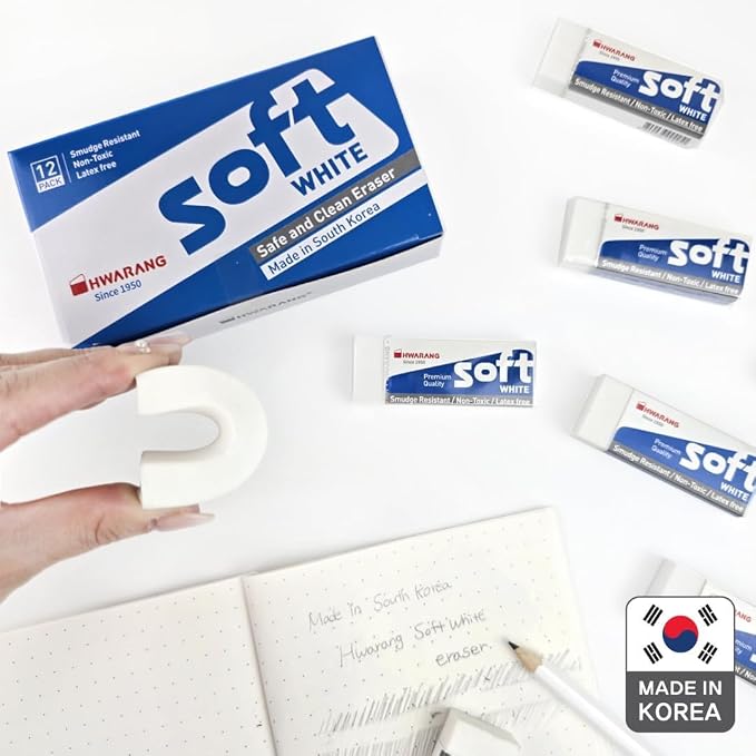 Hwarang Original Korean Art Eraser Set – Soft, Clean Erasing, Professional & School Supplies, Quality Proven, Dust-Free, Smudge-Proof, Eco Friendly - 12 Erasers in a Set