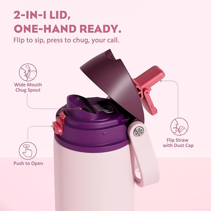 POWCAN 24 oz Stainless Steel Water Bottle: 2-in-1 Push-Button Spout & Quick-Flip Straw, Leakproof, Cold 24 Hrs, Fits Car Cup Holder, Insulated Bottle for Gym, School, Travel, Outdoor Gift (Plum Field)