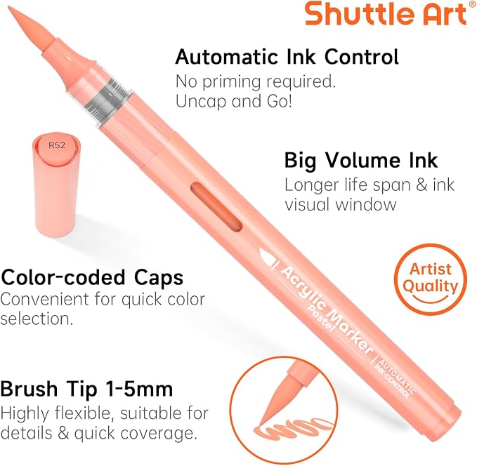 Shuttle Art Automatic Ink Control Acrylic Paint Markers, 24 Pastel Colors Brush Tip Acrylic Paint Pens for Rock Painting, Ceramic, Wood, Canvas, Glass, Stone, Fabric, Card Making, DIY Football Crafts