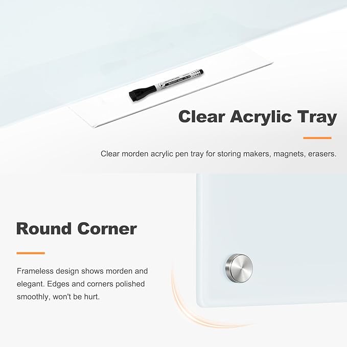 Dry Erase Board, 48'' x 36'' Magnetic Large Glass Whiteboard Frameless Wall Mounted Glass White Board for Office, School & Home with 1 Acrylic Marker Tray & 3 Strong Magnet
