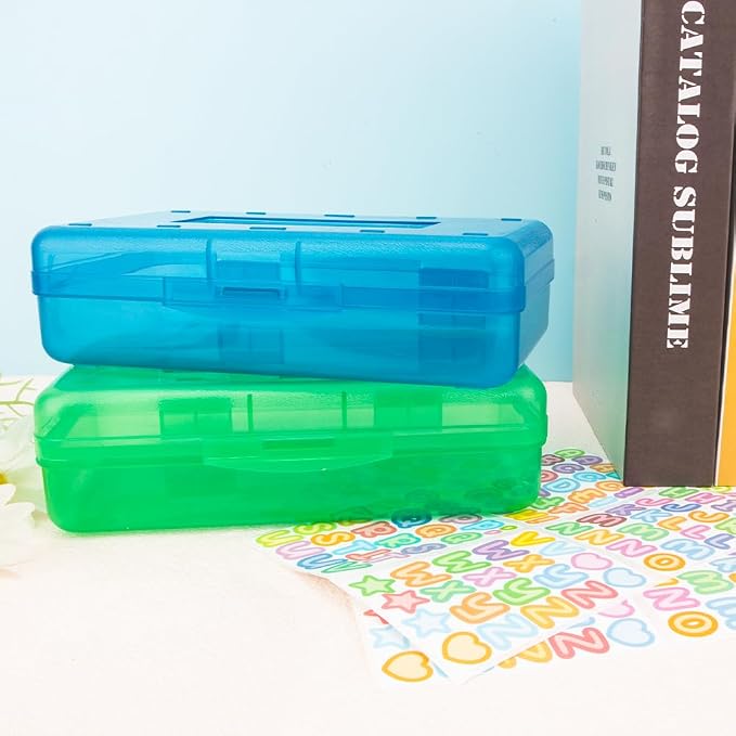 Green Large Plastic Pencil Organizer - Crayon Box, Hard Case, Blue 2 Pack