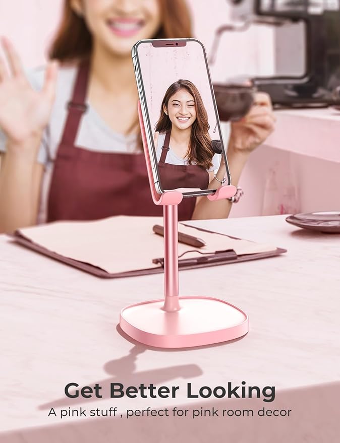 LISEN Pink Vanity Girls Room Decor Kitchen Accessories, Cute Pink Cell Phone Stand Bathroom Living Room Essentials Decor Offices Desk Accessories for iPad mini Phone Holder 4-10 in