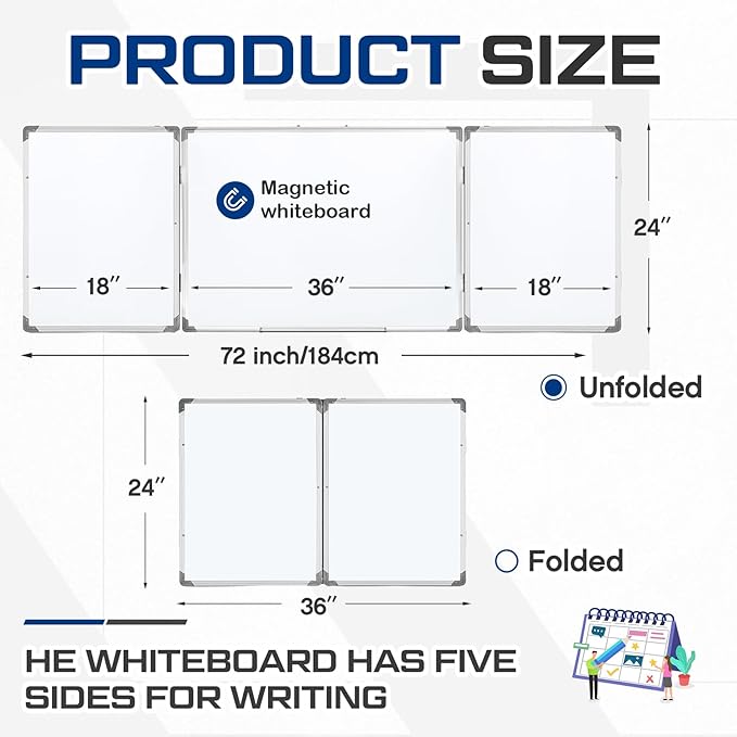 AmazingSpark 72" x 24" Foldable Whiteboard Dry Erase Board Large Tri Folding Whiteboard Magnetic Dry Erase Board, Wall Aluminium Frame and Flip Out Pen Tray for Office, Home
