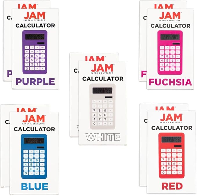 JAM PAPER Desktop Calculator - 10 Digit LCD Display - 3 3/4 x 6 3/4 Inches - Assorted Colors - Bulk 10/Pack