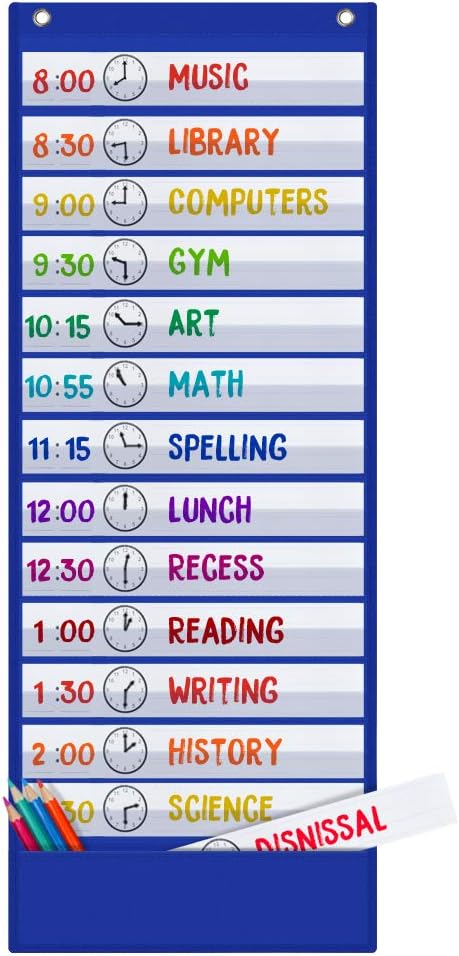 Scheduling Pocket Chart, 13+1 Pockert, Daily Class Schedule Pocket Chart with 18 Dry-Eraser Cards, Ideal for Classroom Office School Home Used, Over-door Mount (Blue)