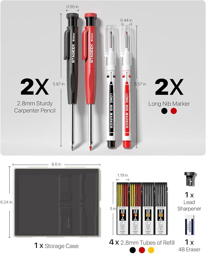 Carpenter Pencils with Sharpener, 2.8mm Mechanical Pencil Set with 26 Refills, Waterproof Deep Hole Long Nib Marker for Architect Marking, Heavy Duty Woodworking Tools for Construction Electricians
