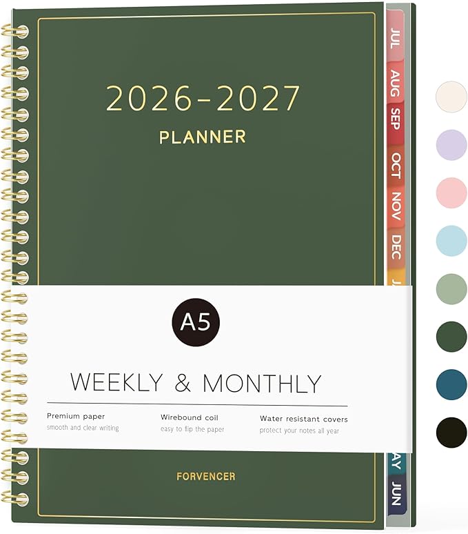 Forvencer Academic Planner 2026-2027, Weekly Monthly Calendar Planner, July 2026-June 2027, 6" X 8" Daily Agenda Book, Flexible Cover Notebook, College School Teacher Student Organizer A5, Dark Green