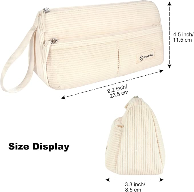 FINPAC Pencil Case, Corduroy Triangle Makeup Bag Kawaii Pen Bag Pouch | Pencil Holder Box Organize for Study, Office, or Travel, Beige