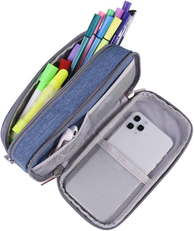 Big Capacity Pencil Case Large Pencil Bag Pouch Pen Case Pencil Marker Holder with High Storage for Office Desk Organizer Supplies Cosmetic Makeup Bag, Blue