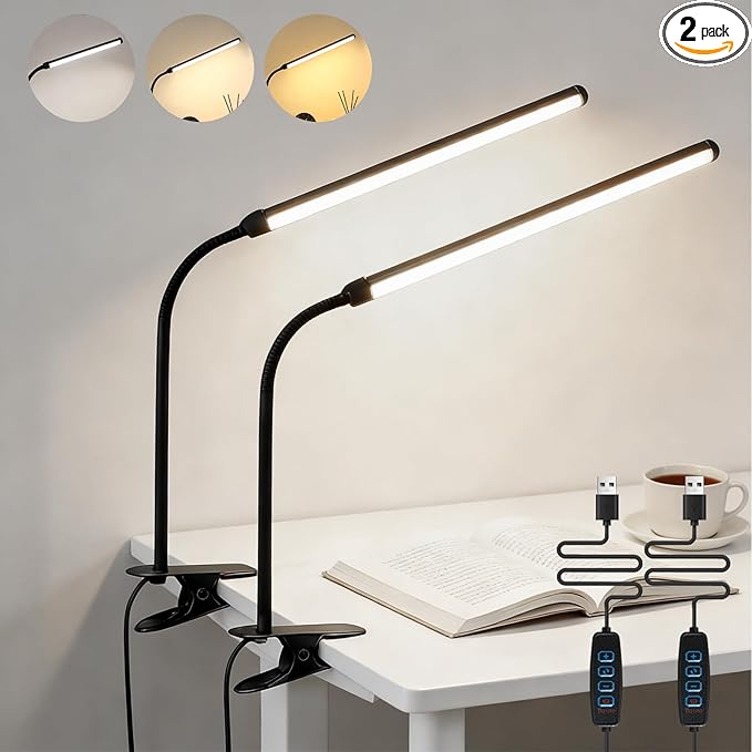 2 Pack LED Desk Lamp with Clamp,Eye-Friendly Clip on Lights for Home Office Study Reading,3 Modes 10 Brightness,Long Flexible Goose-Neck,Swing Arm Architect Task Table Lamps USB Usage