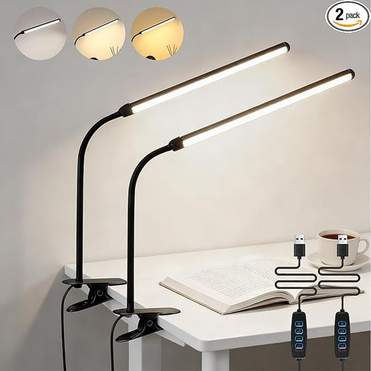 2 Pack LED Desk Lamp with Clamp,Eye-Friendly Clip on Lights for Home Office Study Reading,3 Modes 10 Brightness,Long Flexible Goose-Neck,Swing Arm Architect Task Table Lamps USB Usage