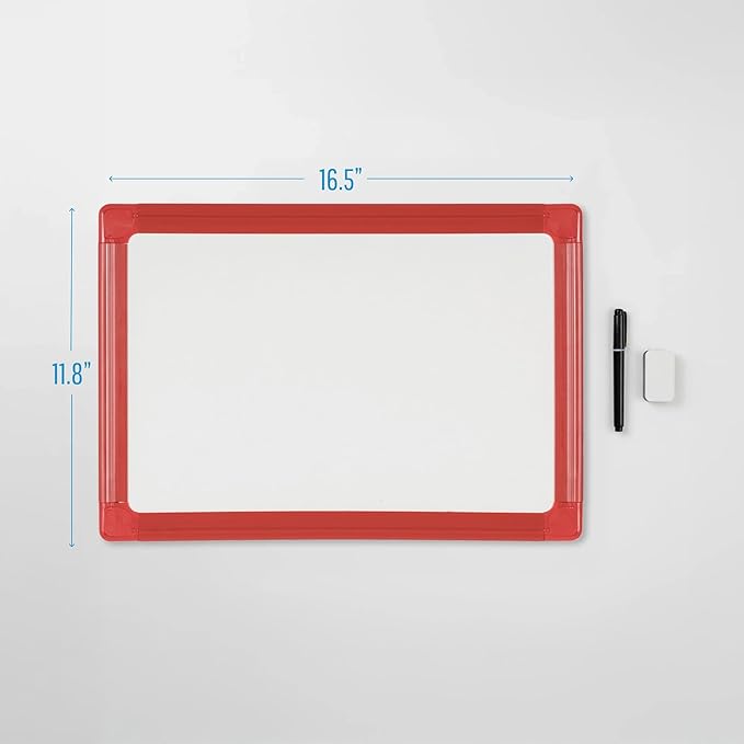 MasterVision Schoolmate Small Dry Erase Lap Whiteboard, 16" x 12", Magnetic Lap Board, Red Frame, Double Sided White Board (Blank/Gridded), for Kids, Students, Schools