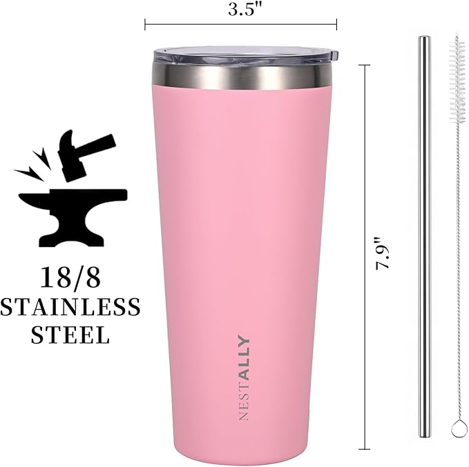 NESTALLY Coast 20oz Stainless Steel Tumbler, Extra Capacity Holds Up to 22oz, Double Wall Vacuum Insulated Travel Coffee Mug with Lid & Metal Straw, Leakproof Reusable Cup for Travel (Blush Pink)