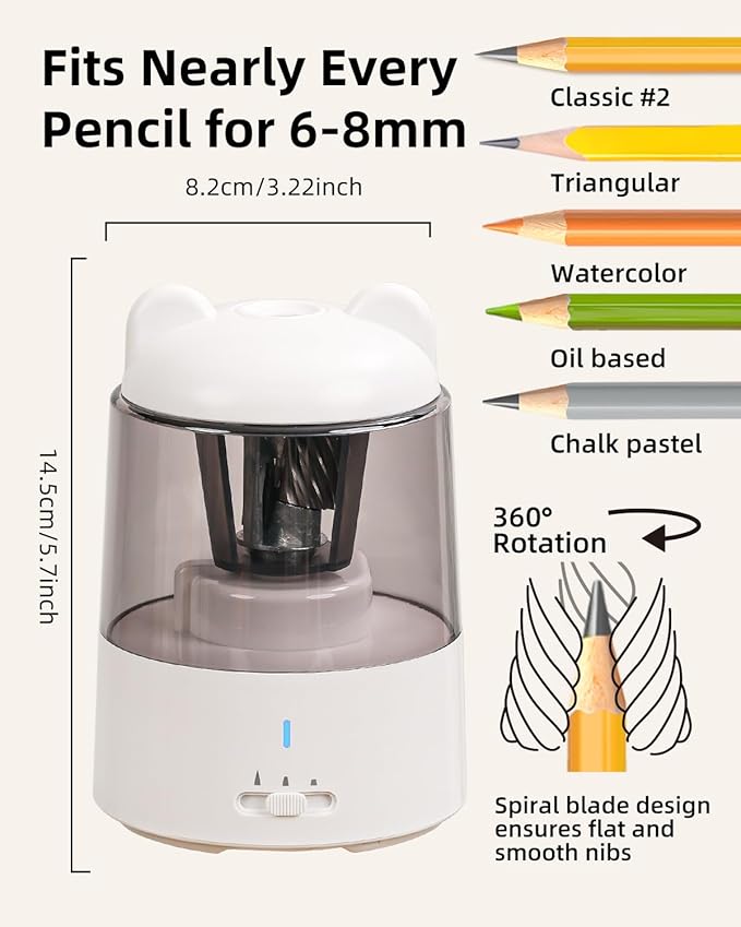 ZMOL Colored Pencil Sharpener, Rechargeable Electric Pencil Sharpener, Auto Stop, Pencil Sharpeners for Battery Powered Cute for Kids Gift No.2/Colored Pencils (6-8mm), Classroom/Office/Home White