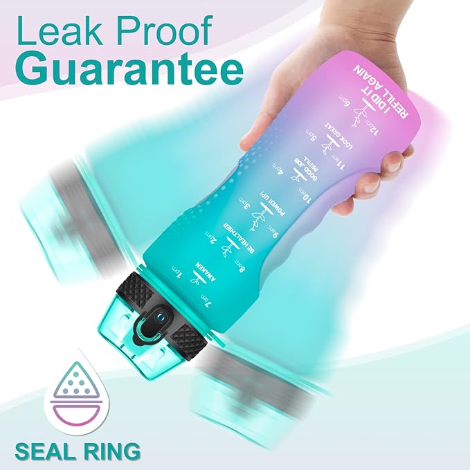 24 OZ Motivational Kids Water Bottle With Time Marker,Straw Lid,Leak Proof, Tritan BPA Free Sports Water Bottle Green-Purple(1 Lid)