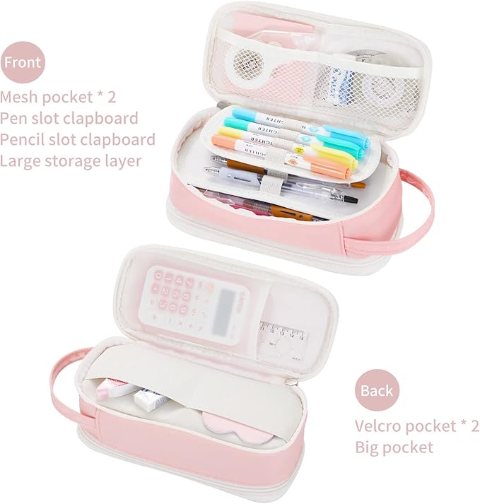 Dugio Large Pencil Case Organizer Big Pencil Bag for Girls Teens Pink | Kids Zipper Pencil Pouch Aesthetic Stationery Pen Pencil Box Back to School, Large Capacity Design, Thick Multi-layer Fabric