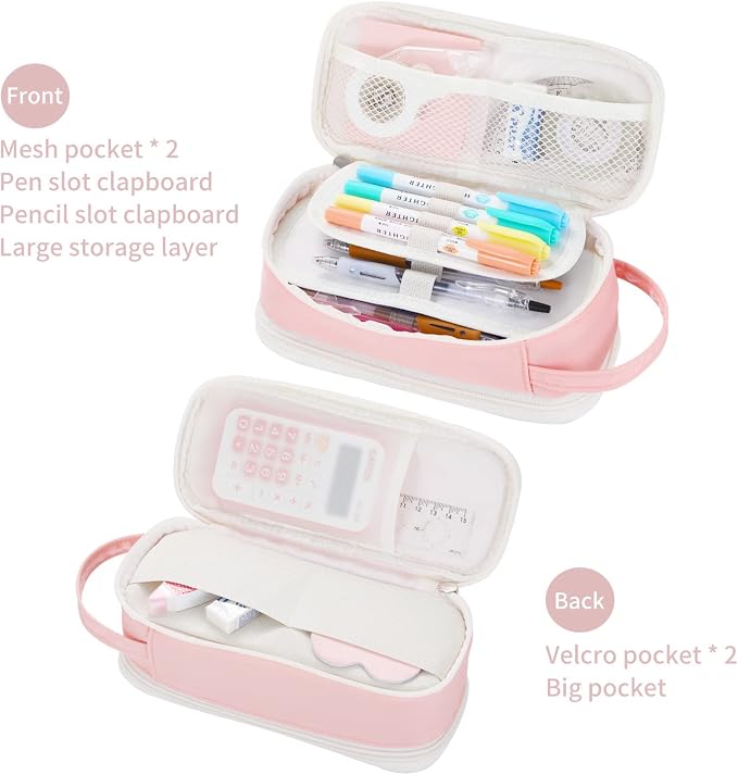 Dugio Large Pencil Bag for Girls School Organizer Pencil Case Big Pink | Teens Kids Zipper Pencil Pouch Aesthetic Pencil Box for School Supplies, Wear-resistant Fabric, Thick Multi-layer Fabric