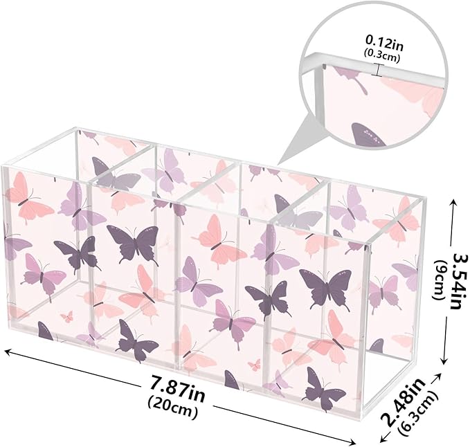 Aslsiy Butterfly (31) Pen Holder for Kids 4 Compartments Acrylic Pencil Holder Clear Makeup Brush Holder Desk Organizer Office Supplies