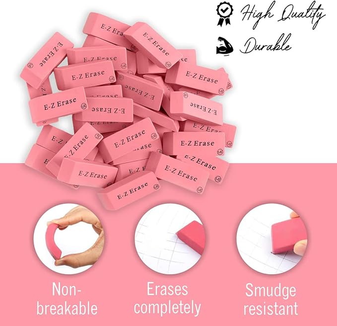 Pink Erasers, 12 Count Rectangular Eraser Bulk Pack, Latex Free Pink Pearl Erasers for School Supplies, Art and Office