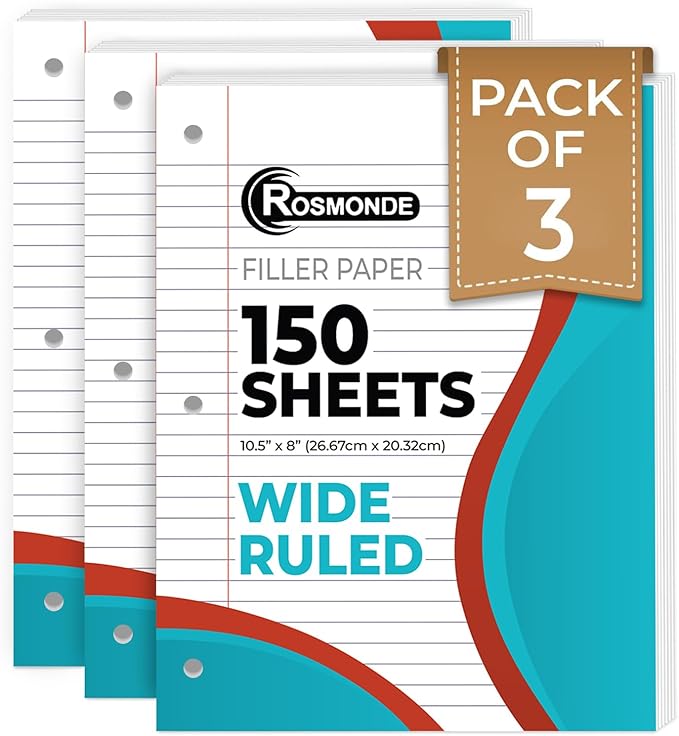 Rosmonde Loose Leaf Paper, 450 Sheets, 3 Pack, Wide Ruled Sheets, 8" x 10.5", Bulk Notebook Paper, 3 Hole Punched, 150 Sheets/Pack, Wide Ruled Paper for Binders, Loose Leaf Office Paper, White