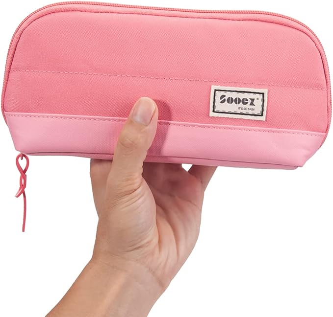 Sooez Wide-Opening Pencil Pen Case, Lightweight & Spacious Pencil Pouch Zipper Stationery Bag, Aesthetic Supply with Triangular Design for Adults, Pink