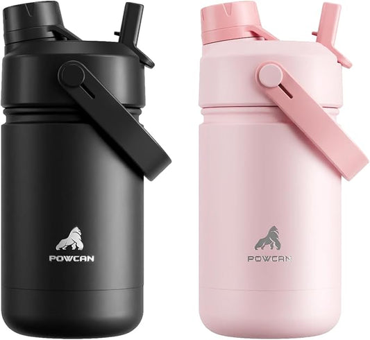 POWCAN 2 Pack 12 oz Kids Insulated Water Bottle for School: Leakproof, 2-in-1 Straw Spout Lid, BPA-Free, Keep Cold 24 Hrs, Stainless Steel Cup for Sports, Travel, Gift for Girls Boys Daughters Sons