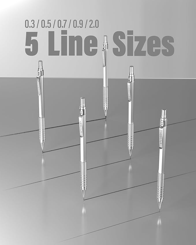 STAGEEK 21PCS Metal Mechanical Pencil Set, Art Lead Pencil 0.3, 0.5, 0.7, 0.9, 2mm Holder(HB 2H 2B 4B Color) with 10 Tubes Graphite Lead Refills Eraser with Case for Drafting Drawing Sketching
